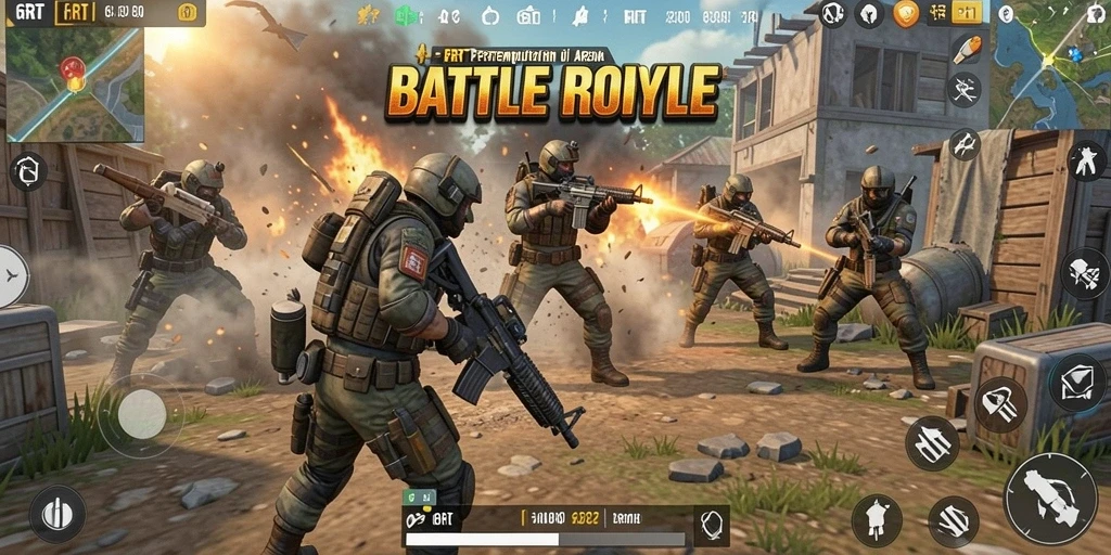 Screenshot gameplay 6RT menampilkan pertempuran seru di arena Battle Royale.