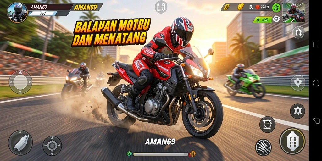 Tampilan gameplay balapan motor yang seru dan penuh aksi.