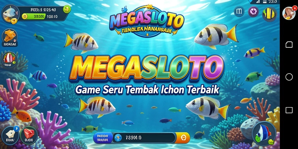 Tampilan seru gameplay MEGASLOTO dengan berbagai ikan dan senjata.