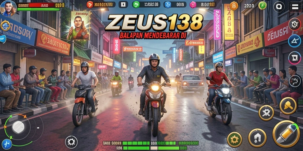 Tampilan gameplay balapan seru dalam ZEUS138 dengan mobil yang melaju kencang.