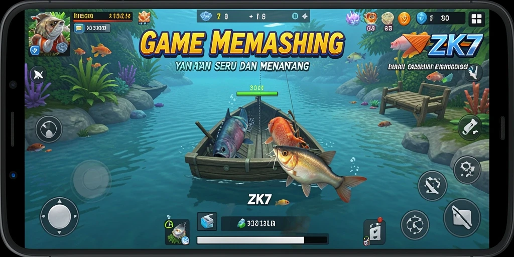 Gameplay ZK7 menampilkan aksi memancing yang seru di lokasi indah.